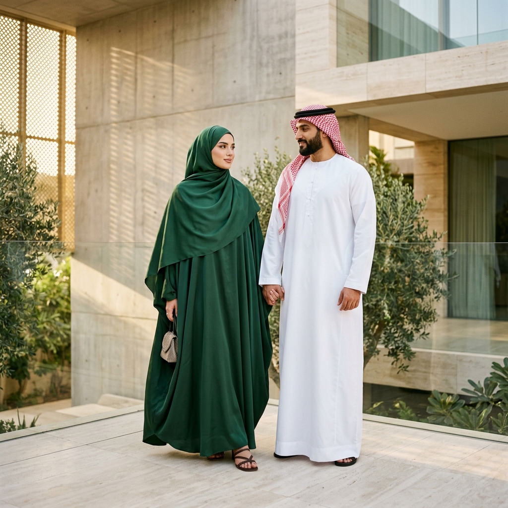 Elegantly draped modest wear fabric in a minimalist architectural space